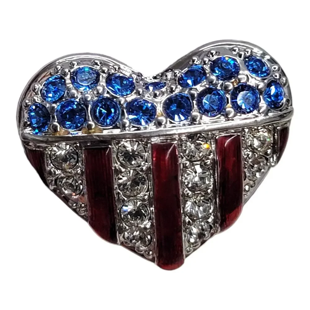 Swarovski Crystal Patriotic USA Flag Heart Lapel Pin Brooch Red White Blue Swan